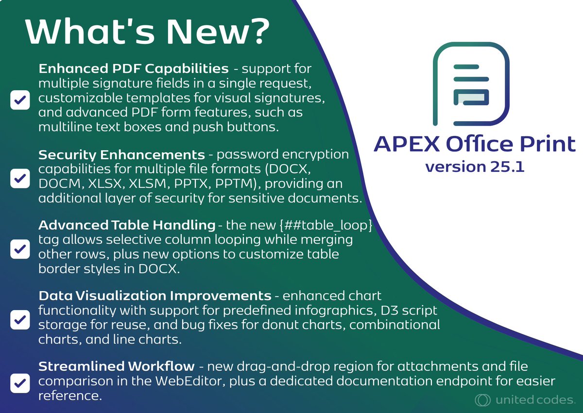 🚀 Just released: APEX Office Print 25.1! 

Enhanced PDF capabilities with multi-signature support, password encryption for all document types, advanced table handling, and improved data visualization. 

Get all the details at apexofficeprint.com

#orclapex #lowcode #AOP