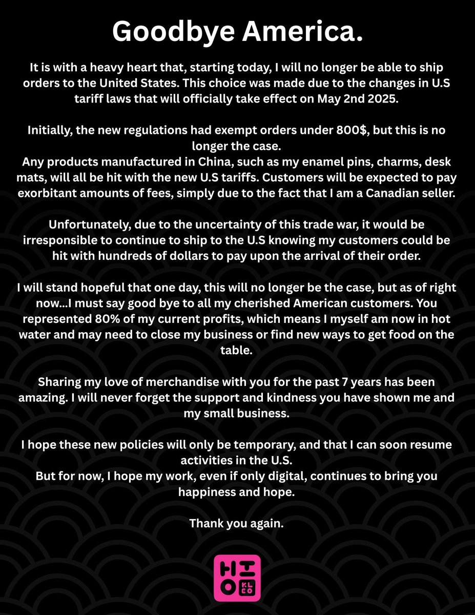 hiokleo's tweet photo. I'm sorry to all my U.S customers. Please read. 💔 https://t.co/tQ1Z4rdxOI