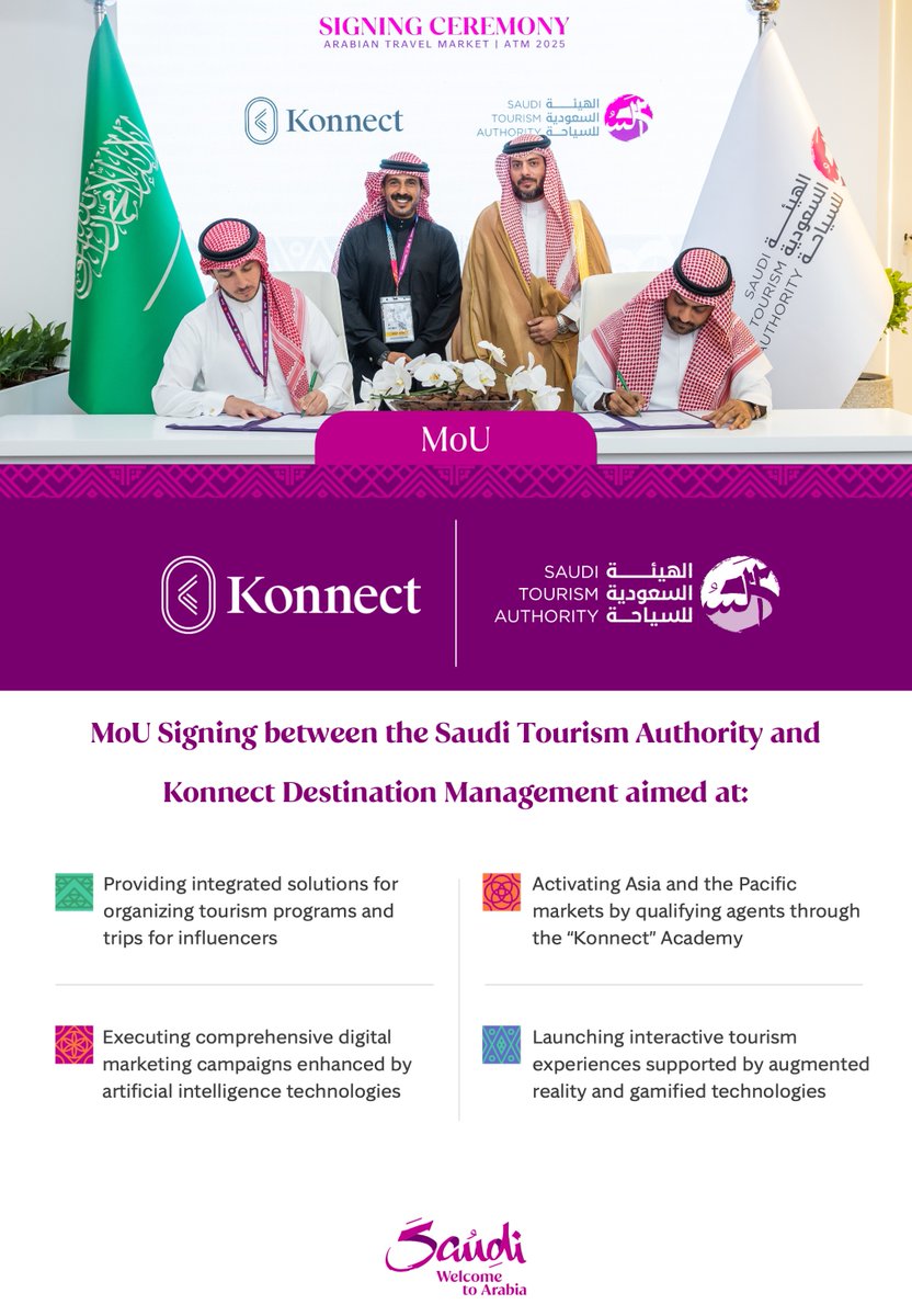 SaudiTourism's tweet photo. During #ATM2025, #SaudiTourismAuthority signed an MoU with Konnect Destination Management at the #SaudiLand to strengthen collaboration and expand tourism opportunities across APAC markets. https://t.co/GjXimQ5R34