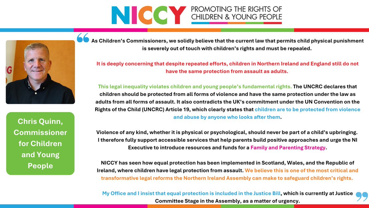 NI Commissioner for Children and Young People (@nichildcom) on Twitter photo 1/2 The four UK Commissioners <a href="/ChrisNICCY/">Chris Quinn</a>, <a href="/ChildrensComm/">Children's Commissioner for England</a>, Dame Rachel de Souza, <a href="/CYPCS/">Children and Young People's Commissioner Scotland</a>, Nicola Killean, and <a href="/childcomwales/">Comisiynydd Plant | Children's Commissioner Wales</a>, Rocio Cifuentes, are calling for children to have the same protection from assault as adults. 1/2 The four UK Commissioners <a href="/ChrisNICCY/">Chris Quinn</a>, <a href="/ChildrensComm/">Children's Commissioner for England</a>, Dame Rachel de Souza, <a href="/CYPCS/">Children and Young People's Commissioner Scotland</a>, Nicola Killean, and <a href="/childcomwales/">Comisiynydd Plant | Children's Commissioner Wales</a>, Rocio Cifuentes, are calling for children to have the same protection from assault as adults.