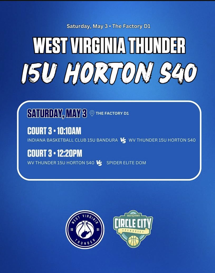 West Virginia Thunder S40 Horton (@wvthunderhorton) on Twitter photo Back home this weekend for the “Circle City Classic”🔥
Come check us out!
<a href="/KendraAsh24/">Kendra Ash</a> <a href="/KAugsback/">Kendall Augsback</a> <a href="/GabbyKBellamy/">Chadai Bellamy</a> <a href="/CampFarrah2029/">Farrah Camp</a> <a href="/brooklyncrim25/">Brooklyn Crim</a> <a href="/Havenflagle0/">Haven Flagle</a> <a href="/EllieSmalligan/">Ellie Smalligan</a> <a href="/Maddy_watko/">Madelyn Watko</a> <a href="/ChamiWilliams17/">Chami “Mimi” Williams</a> Back home this weekend for the “Circle City Classic”🔥
Come check us out!
<a href="/KendraAsh24/">Kendra Ash</a> <a href="/KAugsback/">Kendall Augsback</a> <a href="/GabbyKBellamy/">Chadai Bellamy</a> <a href="/CampFarrah2029/">Farrah Camp</a> <a href="/brooklyncrim25/">Brooklyn Crim</a> <a href="/Havenflagle0/">Haven Flagle</a> <a href="/EllieSmalligan/">Ellie Smalligan</a> <a href="/Maddy_watko/">Madelyn Watko</a> <a href="/ChamiWilliams17/">Chami “Mimi” Williams</a>