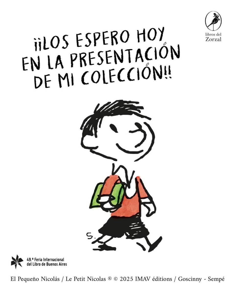 ¡Te esperamos HOY en la presentación de la colección del "Pequeño Nicolás", de Goscinny y Sempé!
Y con presencias de lujo: Canela (Gigliola Zecchin), Luis Pescetti, Chanti y Mateo Schapire.

¿Cuándo? Hoy jueves 1 de mayo a las 17.30hs.

¿Dónde? En la sala Adolfo Bioy Casares
