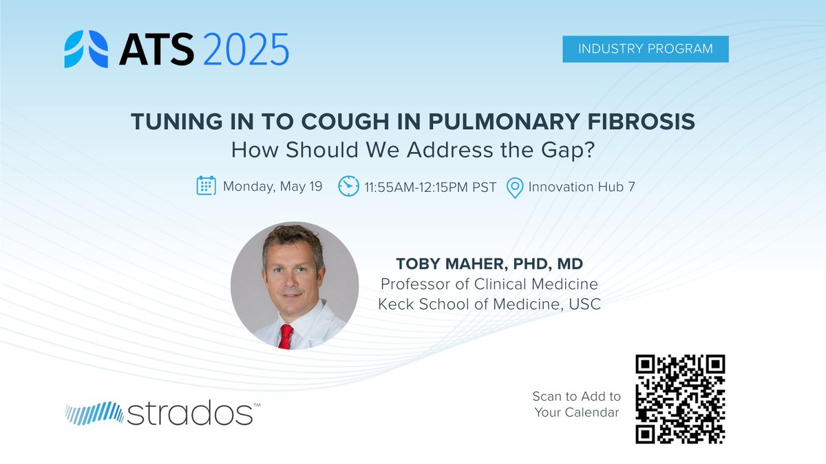 Strados Labs (@stradoslabs) on Twitter photo Join Strados Labs and <a href="/TobyMMaher/">Toby Maher</a> at #ATS2025 for an engaging session on the often-overlooked symptom of cough in pulmonary fibrosis and ways we can address the gap.
May 19, 11:55 AM PST | Exhibitor Hall Innovation Hub #7
We look forward to seeing you there! #IPF Join Strados Labs and <a href="/TobyMMaher/">Toby Maher</a> at #ATS2025 for an engaging session on the often-overlooked symptom of cough in pulmonary fibrosis and ways we can address the gap.
May 19, 11:55 AM PST | Exhibitor Hall Innovation Hub #7
We look forward to seeing you there! #IPF