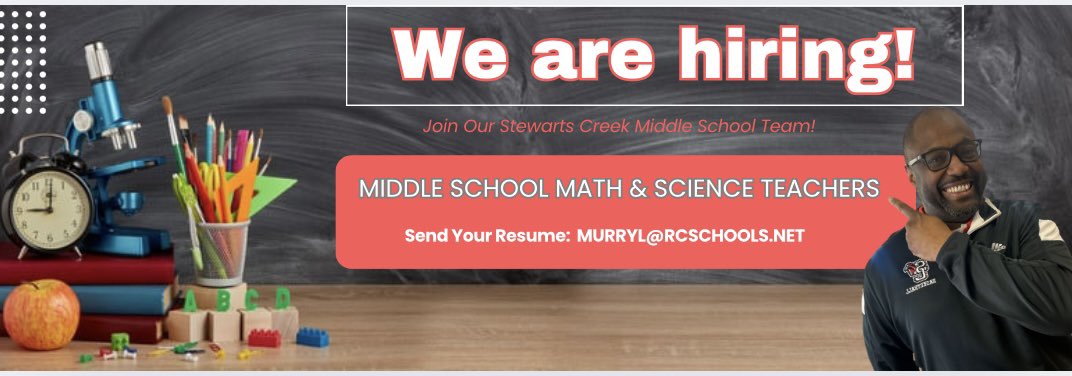 Stewarts Creek MS (@scmfalcons) on Twitter photo Join us! We are hiring middle school Math & Science teachers! <a href="/Principal_Murry/">Letoni Murry, Ed.D.</a> <a href="/rucoschools/">Rutherford County Schools</a> Join us! We are hiring middle school Math & Science teachers! <a href="/Principal_Murry/">Letoni Murry, Ed.D.</a> <a href="/rucoschools/">Rutherford County Schools</a>