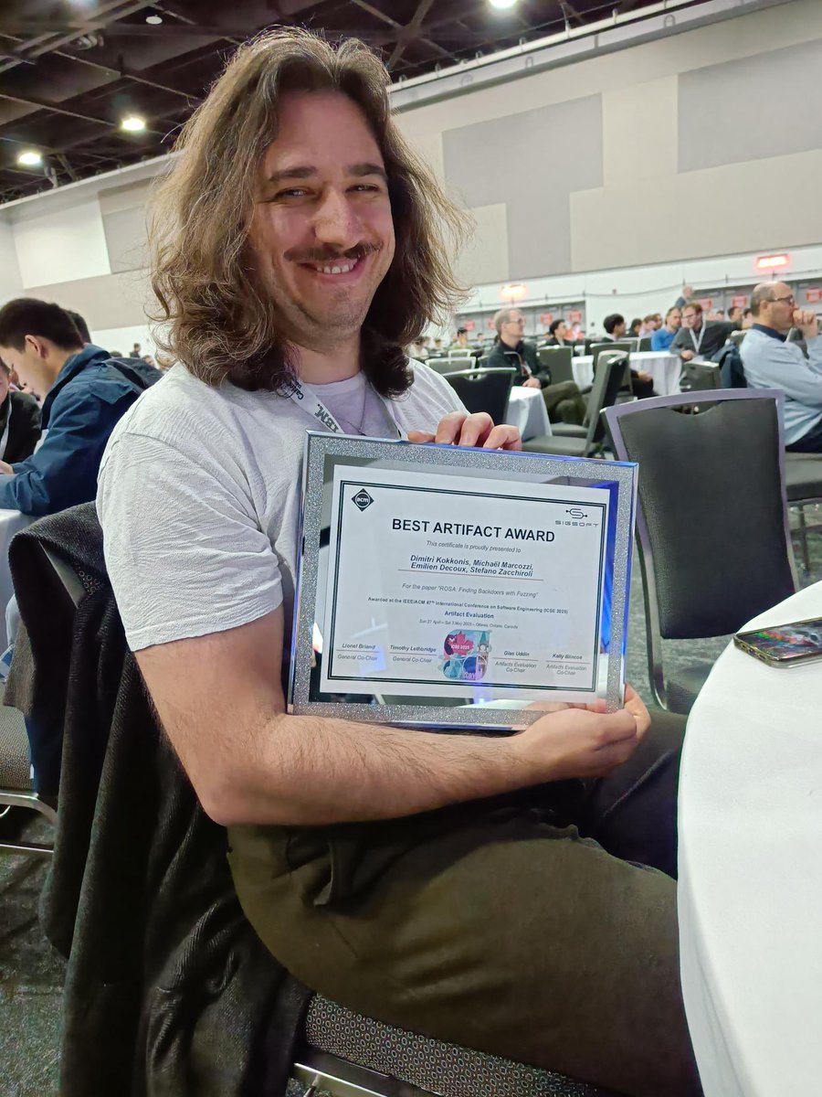 Dimitri Kokkonis (@plumtrie) on Twitter photo Very honored to receive the Best Artifact award at #icse2025 🥳
Congrats and thank you to my coauthors! <a href="/michaelmarcozzi/">Michaël Marcozzi 🇪🇺🇧🇪</a>, Emilien Decoux, Stefano Zacchiroli Very honored to receive the Best Artifact award at #icse2025 🥳
Congrats and thank you to my coauthors! <a href="/michaelmarcozzi/">Michaël Marcozzi 🇪🇺🇧🇪</a>, Emilien Decoux, Stefano Zacchiroli