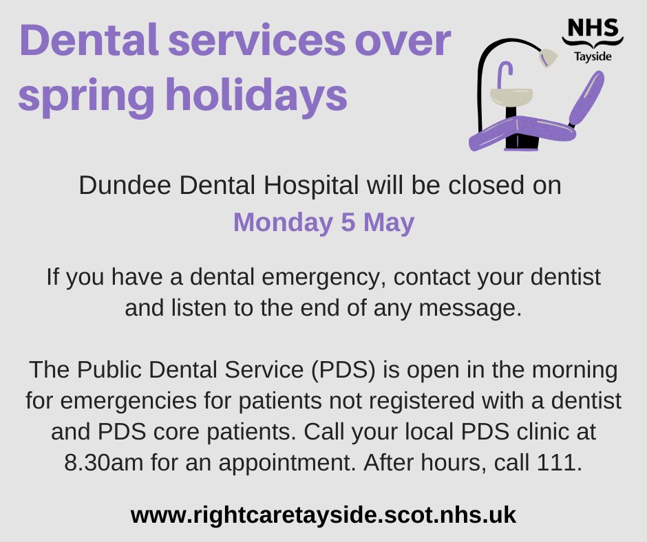 Dundee Dental Hospital is closed on Monday 5 May. The Public Dental Service is open in the morning for emergencies for patients not registered with a dentist &amp; PDS core patients

Get the right care in the right place this spring

Find out more ➡️rightcaretayside.scot.nhs.uk