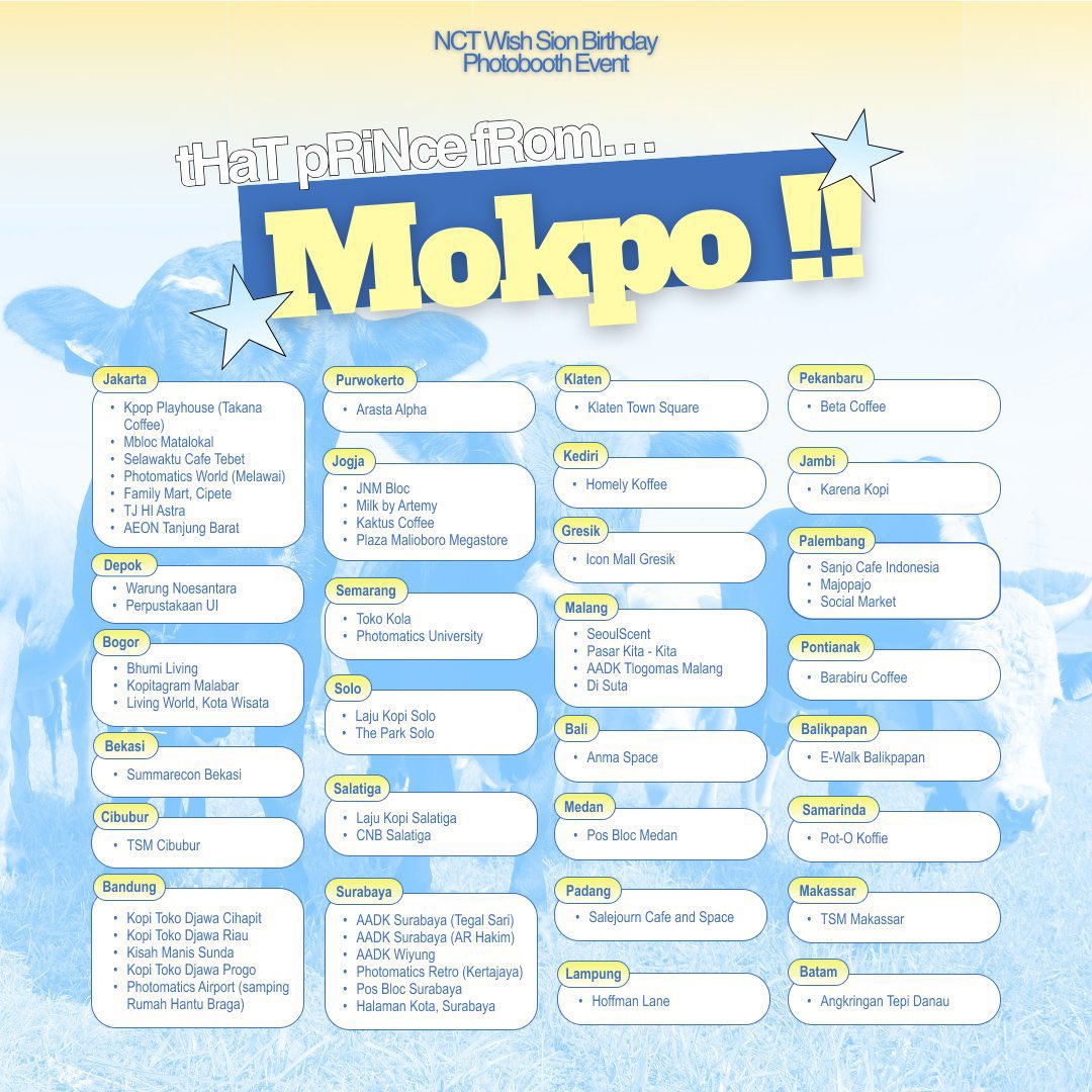 calypsours's tweet image. 👑 tHaT pRiNce fRom… Mokpo !! 🐄

nct wish sion birthday photobooth event by @mokpocowboy 🩵

📅 starts from may 8 in @photomaticsid
📍 details on picture (locations may change in the meantime)

use this photobooth frame, and add the hashtag #ThatPrinceFromMokpo 🥳