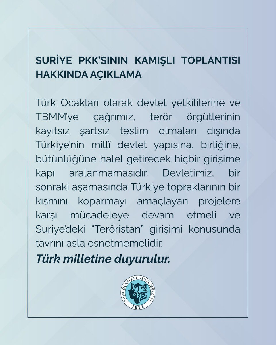 📍SURİYE PKK'SININ KAMIŞLI TOPLANTISI HAKKINDA AÇIKLAMA

👨‍💻turkocaklari.org.tr/basin-aciklama…