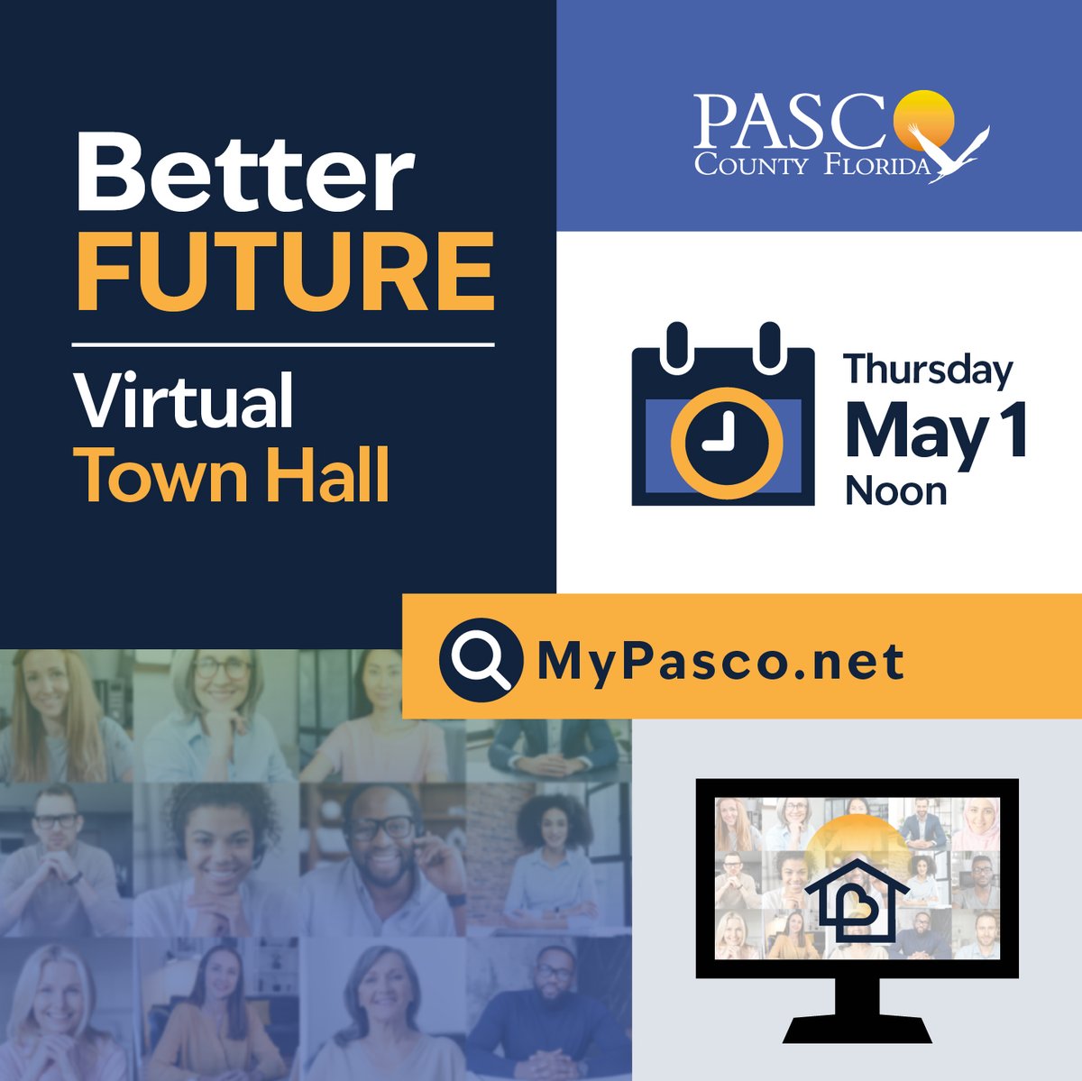 VIRTUAL TOWN HALL TODAY! #PascoCountyis shaping a Better Future, and we want to hear from YOU!

Join us to help decide how disaster recovery funding should best serve our community.

TODAY, Thursday, May 1 | Noon – LINK: mypas.co/BetterFutureTo…
Be part of the conversation—your