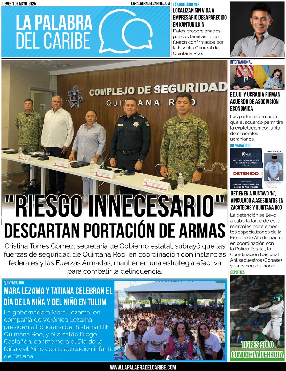 *[QROO]* Descarta Quintana Roo permitir portación de armas: ‘es riesgo innecesario’: bit.ly/4d7d80A
---------
*[QROO]* Mara Lezama y Tatiana celebran el Día de la Niña y del Niño en Tulum: bit.ly/3GMzuYR
---------
*[QROO]* Localizan sin vida a empresario