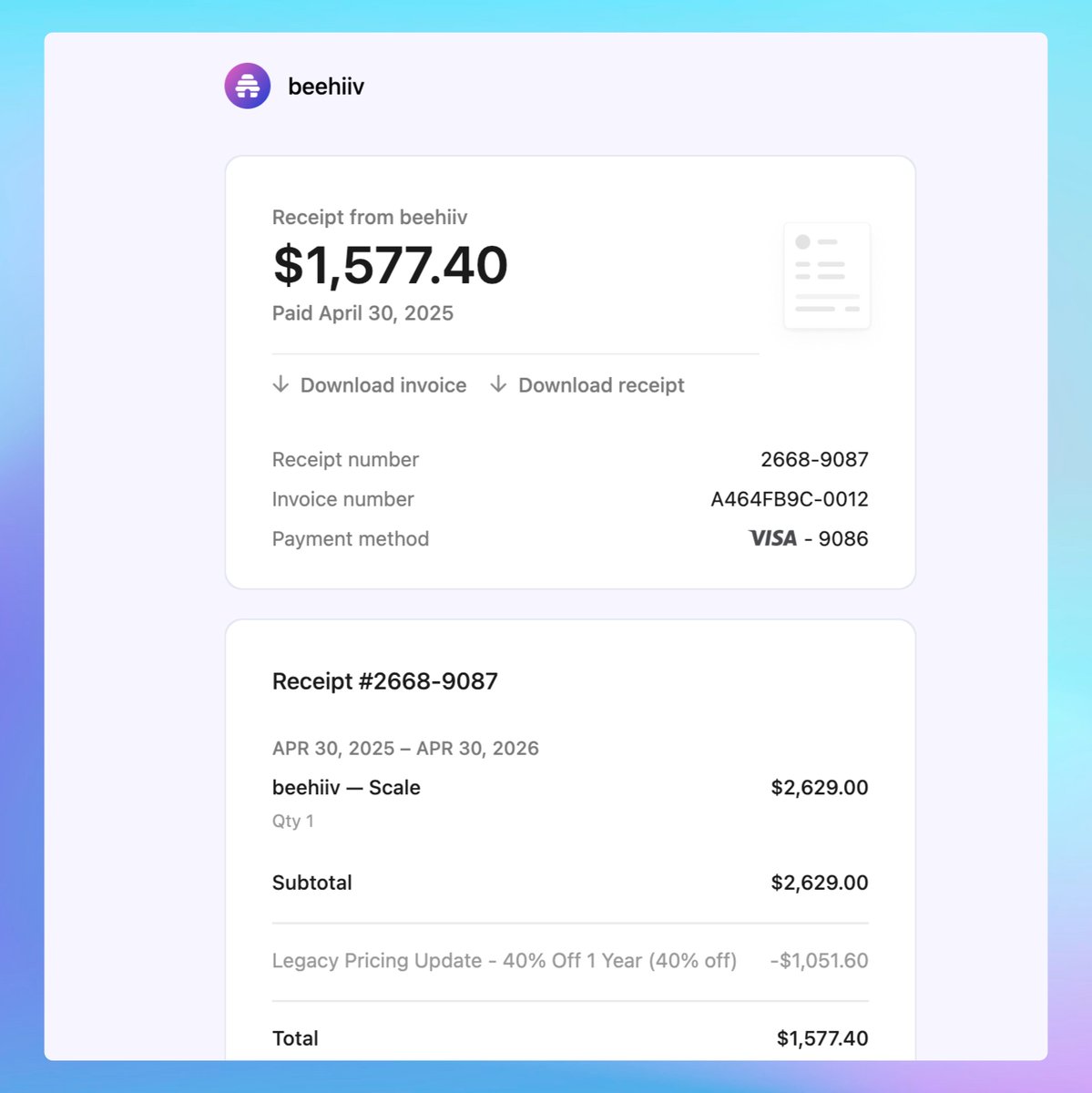 I paid $1K5 renew for <a href="/beehiiv/">beehiiv 🐝</a> 

But you’d be surprised—I’m using it “100% free.”

You earn from ads $1.5 per click CPM is $2.5.

Here my case, I paid $999 last year for subscription.

Company newsletter 40K sub: earn $827 
Personal 2K sub: earn $674

Total: $1,500 earn.