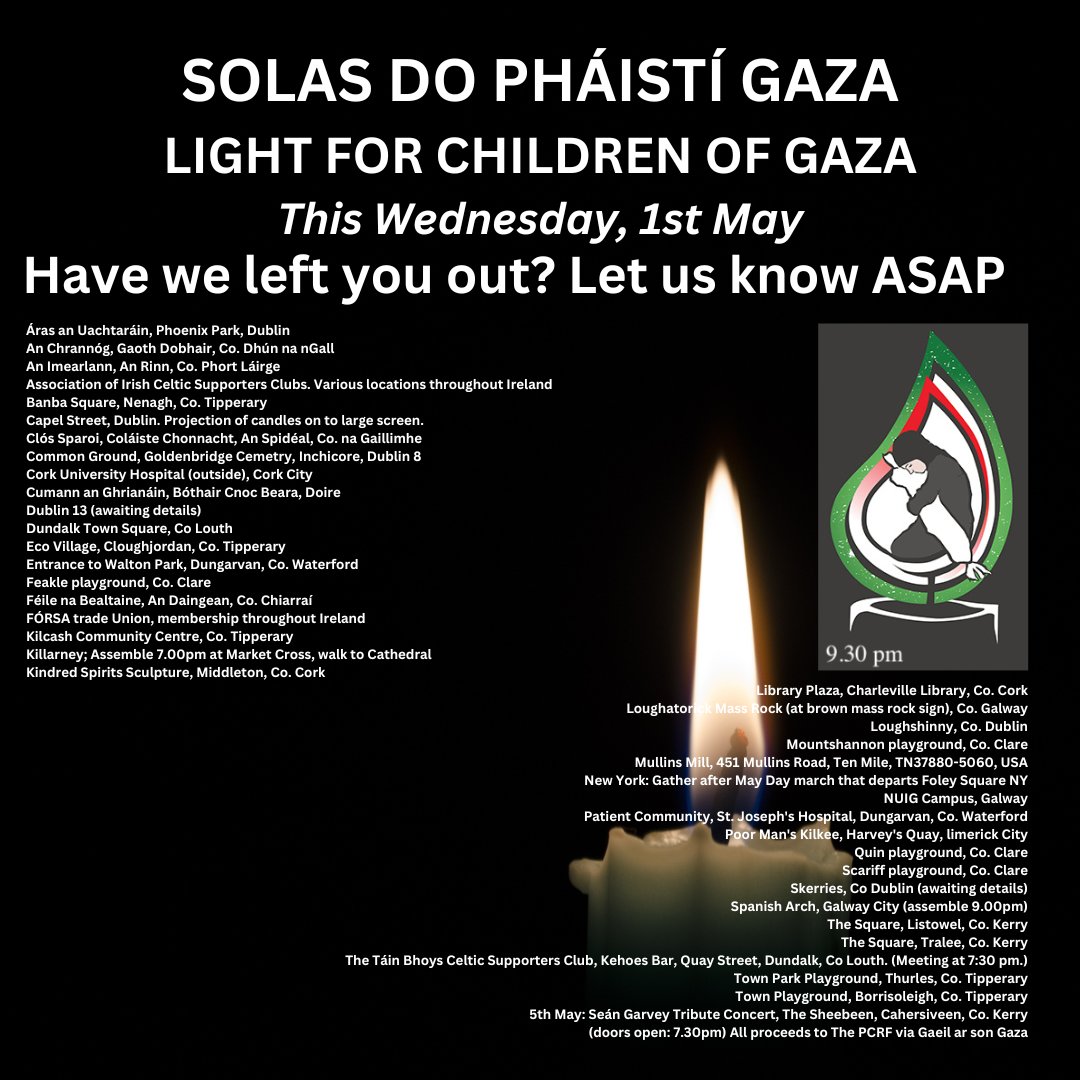 🕯️Bliain imithe agus an sléacht fós ar siúl💔It's a year since we held #SolasDoPháistíGaza at over 60 venues here and abroad. Amid the continued slaughter we demand an end to US military use of Shannon and #PassTheOTB Stad AnSlad‼️Taoiseach Stop assisting lsraeli genocide‼️1/2