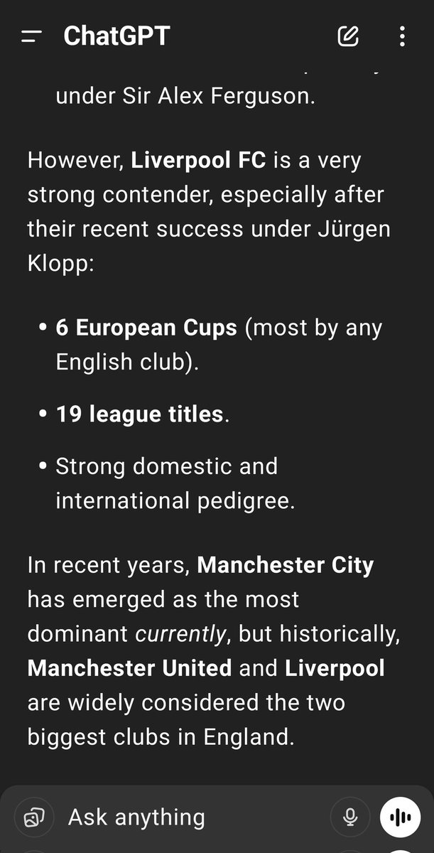 Have a word with <a href="/GNev2/">Gary Neville</a> and tell him <a href="/ChatGPTapp/">ChatGPT</a> isn't updated that Liverpool have won 20 league titles. Back on our perch Gary. I do hope he wasn't too abused on his journey home 🤣.