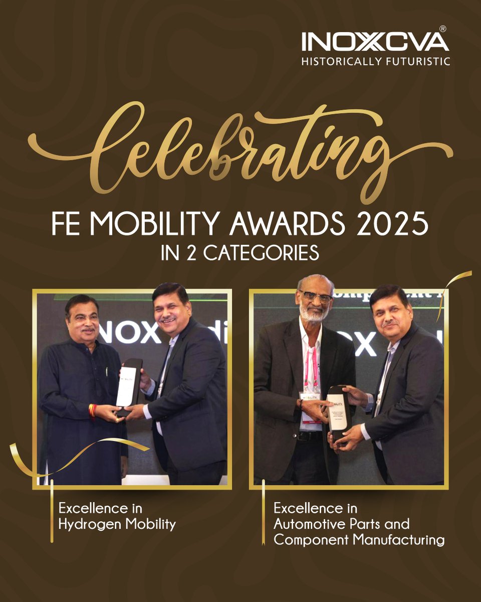 INOXCVA (@inoxcva) on Twitter photo Honoured to receive two prestigious recognitions at the Financial Express Mobility Summit & Awards 2025 - Excellence in Automotive Parts and Component Manufacturing - and - Excellence in Hydrogen Mobility.
A big thank you to our team and partners for their continued support and Honoured to receive two prestigious recognitions at the Financial Express Mobility Summit & Awards 2025 - Excellence in Automotive Parts and Component Manufacturing - and - Excellence in Hydrogen Mobility.
A big thank you to our team and partners for their continued support and