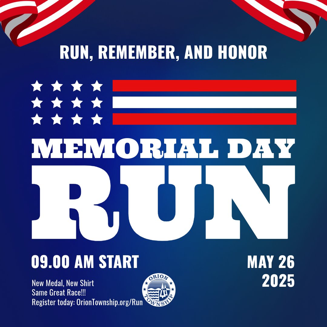 Orion Township (@oriontownship) on Twitter photo Every step we take honors the brave men and women who served our country. ๐บ๐ธ
Be a part of something bigger this Memorial Day.
๐๏ธ Custom medal
๐ Brand new moisture-wicking shirt
๐ A community full of pride
๐ Register today and letโs run with purpose:
๐ runsignup.com/Race/MI/LakeOrโฆ Every step we take honors the brave men and women who served our country. ๐บ๐ธ
Be a part of something bigger this Memorial Day.
๐๏ธ Custom medal
๐ Brand new moisture-wicking shirt
๐ A community full of pride
๐ Register today and letโs run with purpose:
๐ runsignup.com/Race/MI/LakeOrโฆ