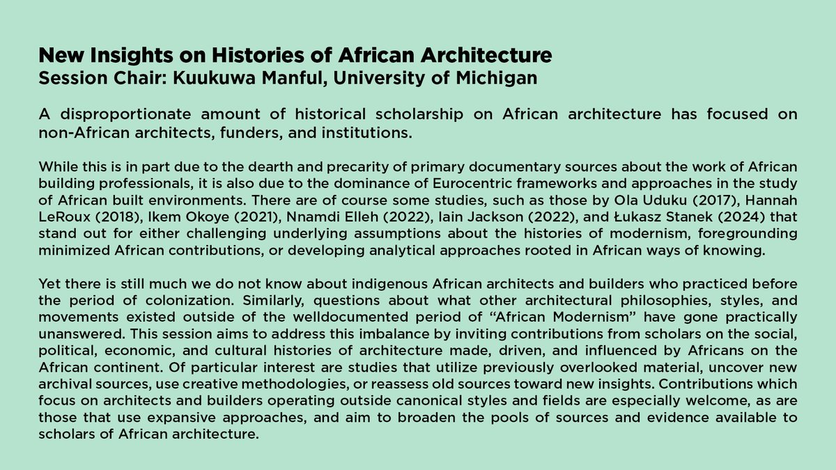 Kuukuwa Manful (@kuukuwa_) on Twitter photo Calling all scholars of African architectural histories
Submit your abstract to my <a href="/SAH1365/">Society of Architectural Historians (SAH)</a> 2026 panel titled “New Insights on Histories of African Architecture”. Submit by June 5.
Full call for papers at sah.org/2026 Calling all scholars of African architectural histories
Submit your abstract to my <a href="/SAH1365/">Society of Architectural Historians (SAH)</a> 2026 panel titled “New Insights on Histories of African Architecture”. Submit by June 5.
Full call for papers at sah.org/2026