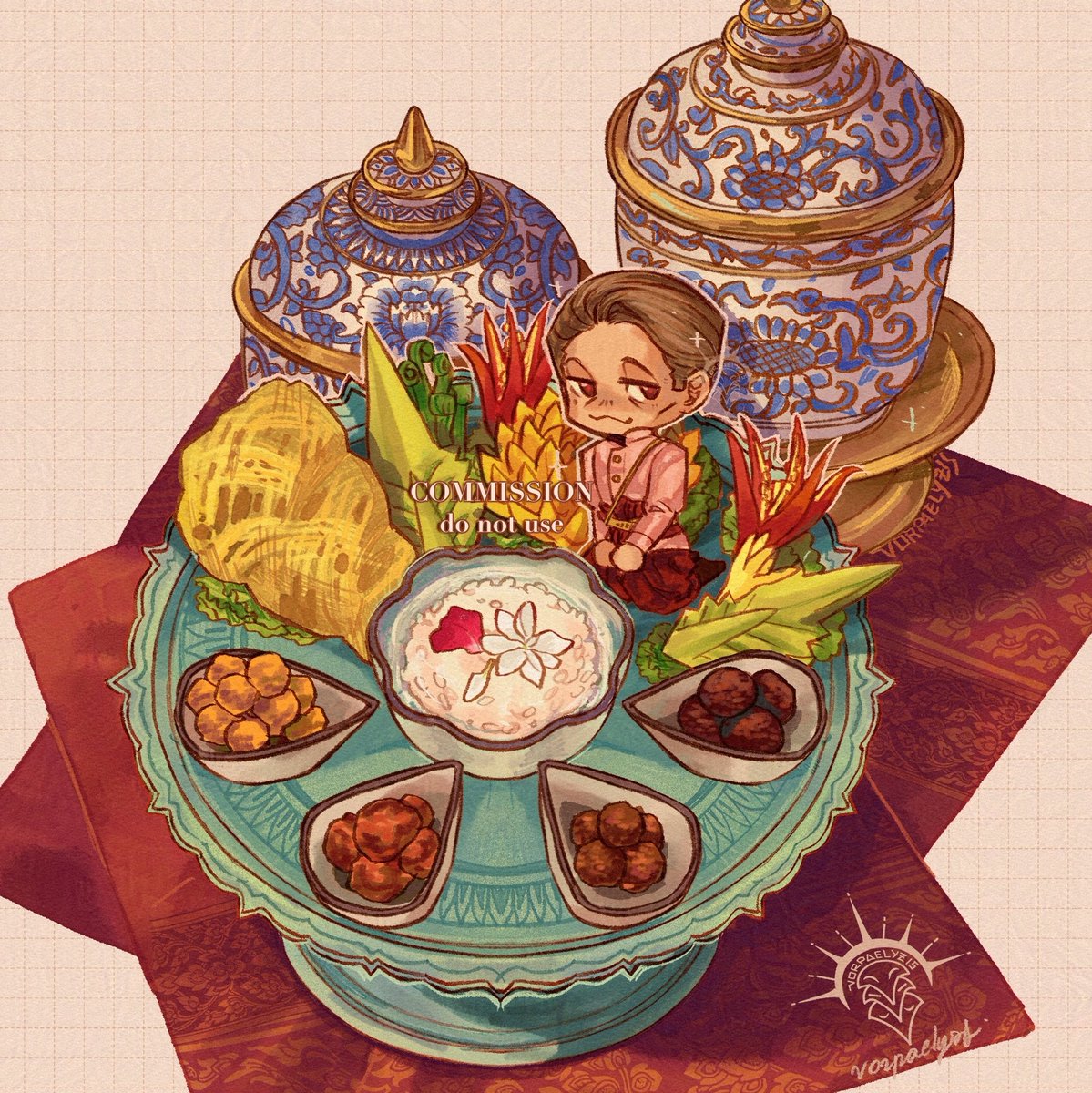 comm for <a href="/cheeze_toastie/">cheeze💥</a> of tiny Hannibal in Thai traditional clothing and ข้าวแช่ (khao-chae)🍚✨