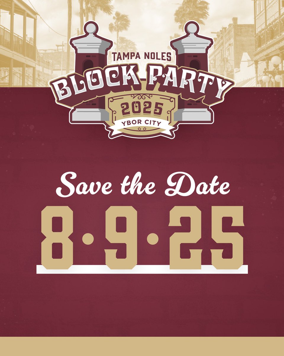 Block off your calendar... it’s the moment you’ve all been waiting for! 🥁👀 

The annual Tampa Noles Block Party is officially BACK on Saturday, August 9! Tickets are on sale today at 10AM: eventbrite.com/e/annual-tampa…
 
🎓 Proceeds fund scholarships for local future Noles!