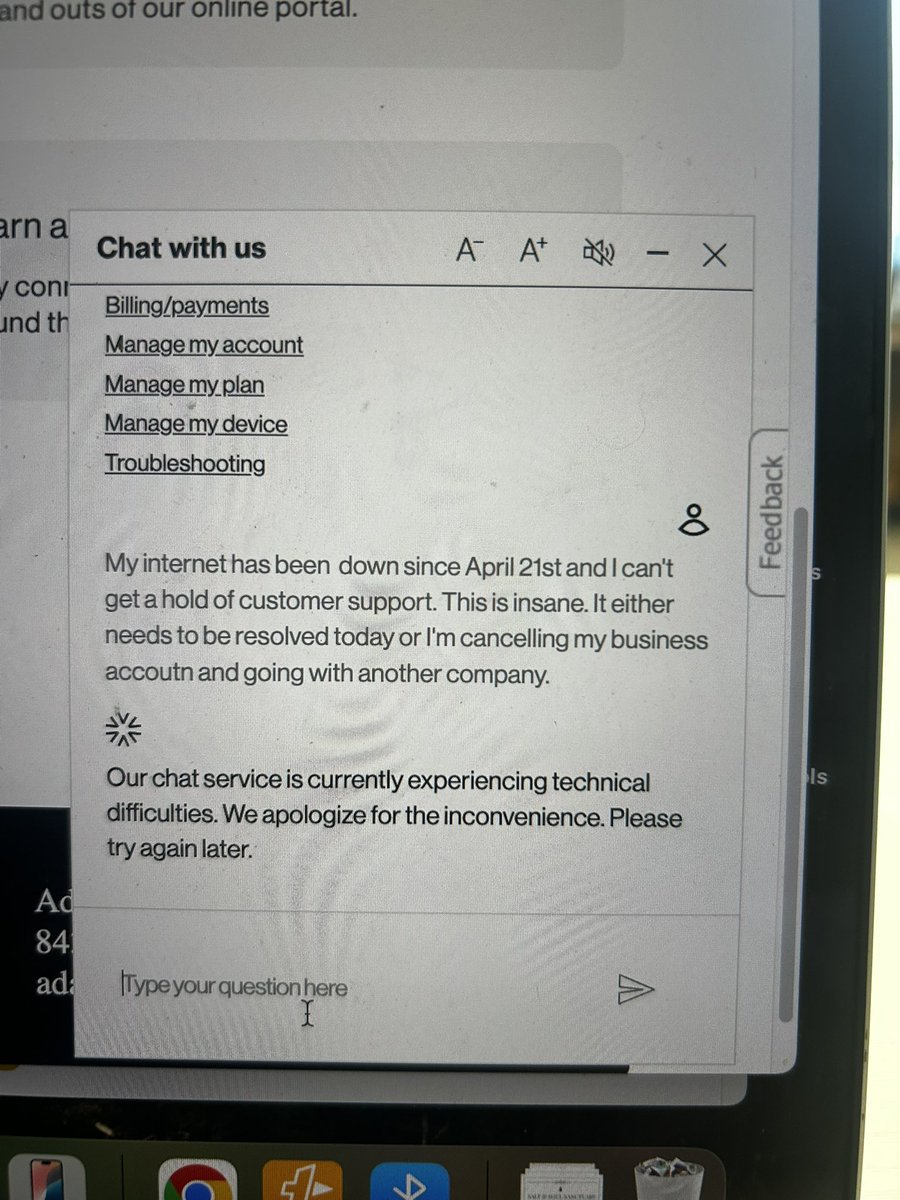 lujeffcoat's tweet image. This is literally the worst customer service I’ve ever experienced. Internet down for 10 days now. If you call, they put you on hold and never answer. Online chat says “our chat service is currently experiencing technical difficulties. Try later.”  What a joke. @VerizonSupport