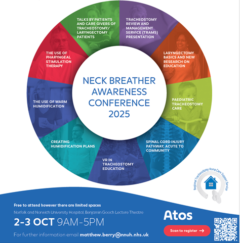 Tracheostomy/Head and Neck team NNUH (@tracnnuh) on Twitter photo Neck Breather Awareness Conference this October hosted by The Regional Tracheostomy Support Service <a href="/NNUH/">Norfolk and Norwich University Hospitals</a> with support from <a href="/AtosMedicalUK/">Atos Medical UK</a>. Expert presenters from all over the UK and abroad. Sign up here: eventbrite.co.uk/e/112516341706… Tickets are limited. #Tracheostomy #Laryngectomy Neck Breather Awareness Conference this October hosted by The Regional Tracheostomy Support Service <a href="/NNUH/">Norfolk and Norwich University Hospitals</a> with support from <a href="/AtosMedicalUK/">Atos Medical UK</a>. Expert presenters from all over the UK and abroad. Sign up here: eventbrite.co.uk/e/112516341706… Tickets are limited. #Tracheostomy #Laryngectomy