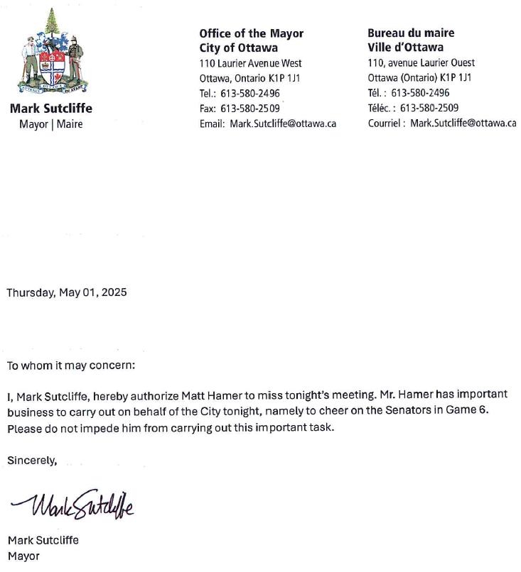 TSN1200's tweet photo. Thank you Mayor @_MarkSutcliffe for writing this letter for all to use.
There is nothing more important tonight than Game 6 of #SensVsLeafs. #GoSensGo - @TSNHammer https://t.co/YdpIdRYyPy
