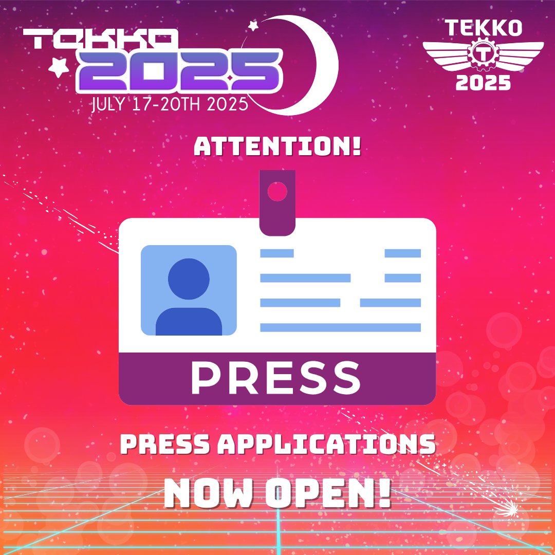TeamTekko's tweet photo. The Tekko 2025 Press application is now live! Be sure to get your outlet's application in by June 1.

Press badge holders are representatives of media or content creating organizations who have been approved to officially cover the events of Tekko.

https://t.co/vCqPRs4Ofa https://t.co/SVzHSiwoSw
