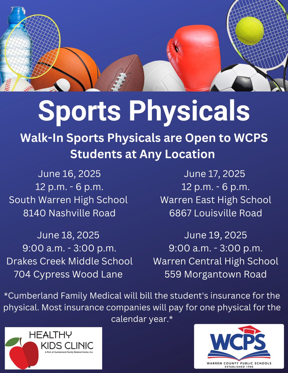 Cumberland Family Medical will offer sports physicals June 16 - 19, 2025. Please see the flyer for more details.