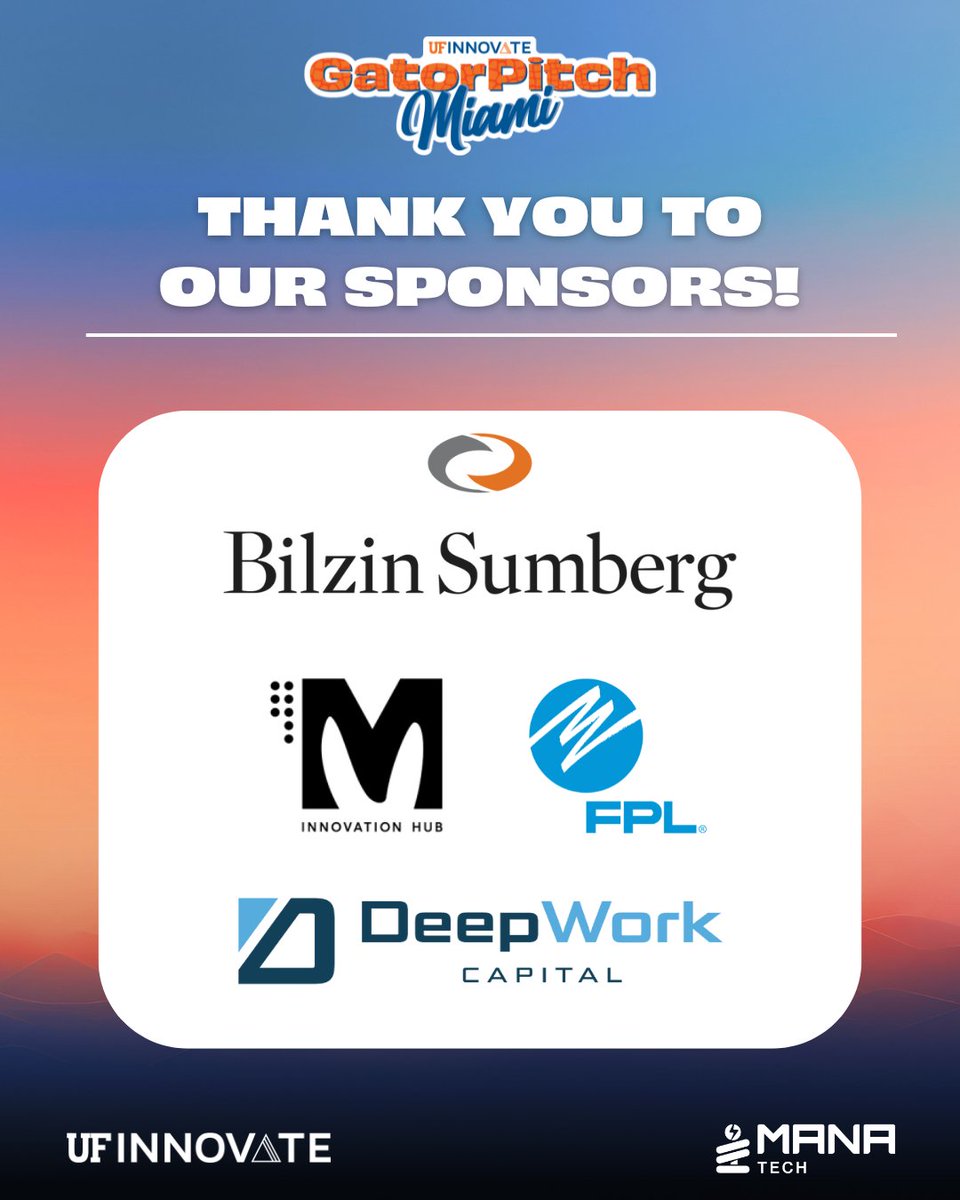 UF Innovate (@ufinnovate) on Twitter photo Just one week until #GatorPitch Miami! 🐊🌴
Big thanks to our sponsors — <a href="/BilzinLaw/">Bilzin Sumberg</a>, 35 Mules (by <a href="/insideFPL/">Florida Power & Light</a>), & <a href="/DeepWorkCapital/">DeepWork Capital</a> — for fueling Gator innovation. Join us for an unforgettable night of pitches & networking! lu.ma/4204m4gl
#MiamiTech #GatorNation Just one week until #GatorPitch Miami! 🐊🌴
Big thanks to our sponsors — <a href="/BilzinLaw/">Bilzin Sumberg</a>, 35 Mules (by <a href="/insideFPL/">Florida Power & Light</a>), & <a href="/DeepWorkCapital/">DeepWork Capital</a> — for fueling Gator innovation. Join us for an unforgettable night of pitches & networking! lu.ma/4204m4gl
#MiamiTech #GatorNation