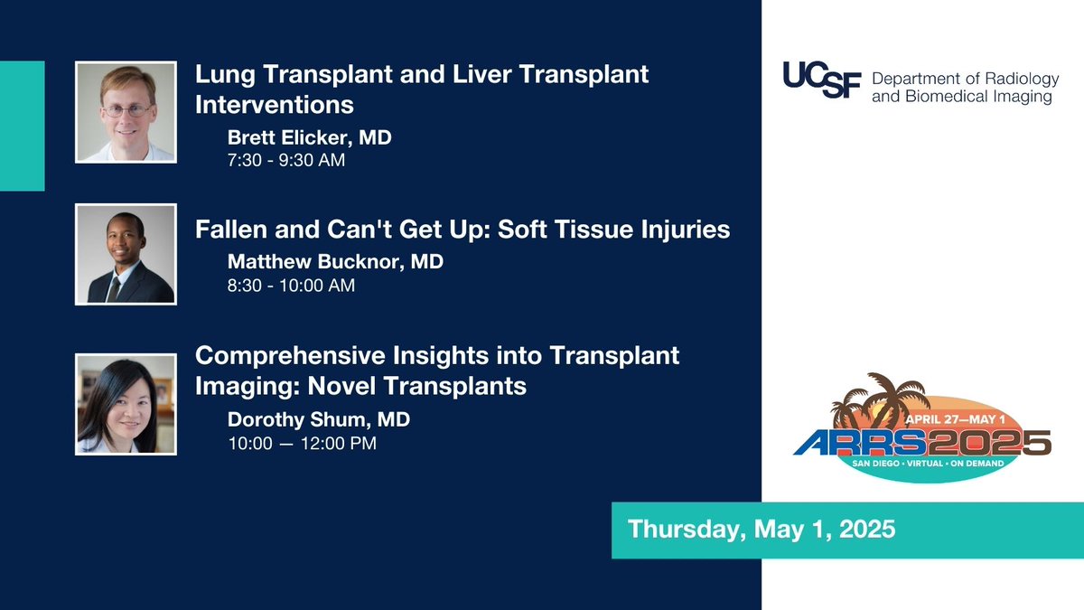 UCSF Imaging (@ucsfimaging) on Twitter photo Closing out #ARRS25 with an impressive lineup from <a href="/UCSFimaging/">UCSF Imaging</a> researchers Drs. <a href="/brettelicker/">Brett Elicker</a>, <a href="/mbucknor/">Matthew Bucknor</a> & Dorothy Shum. See what topics they'll cover 👇
<a href="/ARRS_Radiology/">ARRS</a> Closing out #ARRS25 with an impressive lineup from <a href="/UCSFimaging/">UCSF Imaging</a> researchers Drs. <a href="/brettelicker/">Brett Elicker</a>, <a href="/mbucknor/">Matthew Bucknor</a> & Dorothy Shum. See what topics they'll cover 👇
<a href="/ARRS_Radiology/">ARRS</a>