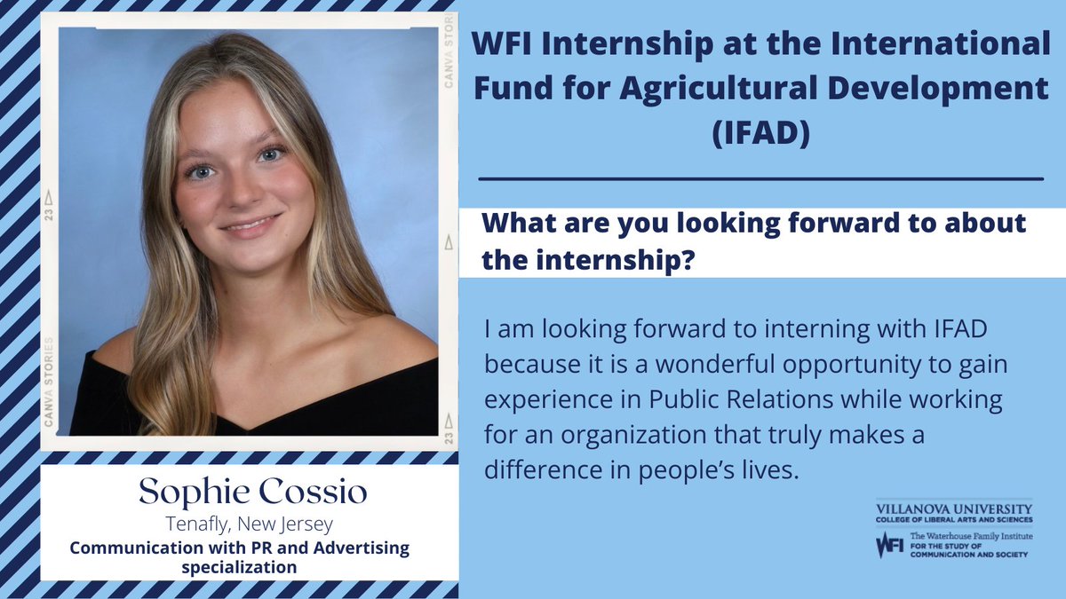 Waterhouse Family Institute (@waterhouseinst) on Twitter photo Introducing Fall Semester 2025 WFI Intern, Sophie Cossio! Please help us congratulate Sophie, a <a href="/VillanovaComm/">Villanova Comm Dept</a> student selected to work <a href="/IFAD/">International Fund for Agricultural Development</a> in Rome, Italy. Introducing Fall Semester 2025 WFI Intern, Sophie Cossio! Please help us congratulate Sophie, a <a href="/VillanovaComm/">Villanova Comm Dept</a> student selected to work <a href="/IFAD/">International Fund for Agricultural Development</a> in Rome, Italy.