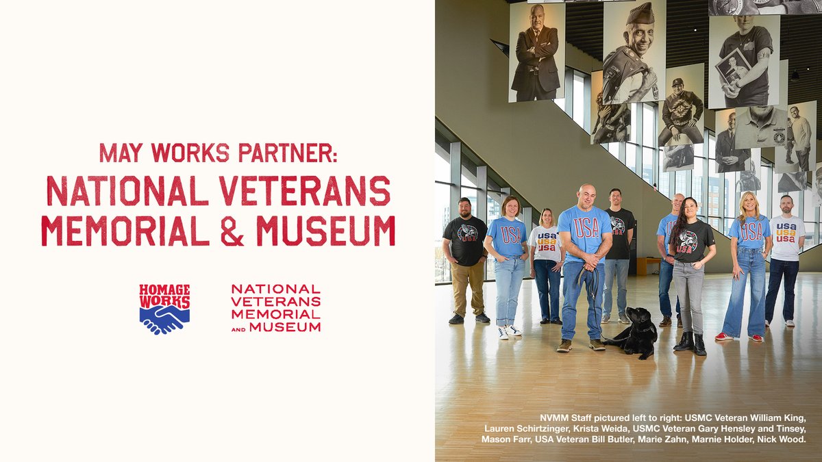 This May, HOMAGE is proud to support the National Veterans Memorial &amp; Museum, the only national museum in America that honors all veterans. 

Now through July 5th, a portion of net proceeds from our USA x NVMM collection will benefit the National Veterans Memorial &amp; Museum.