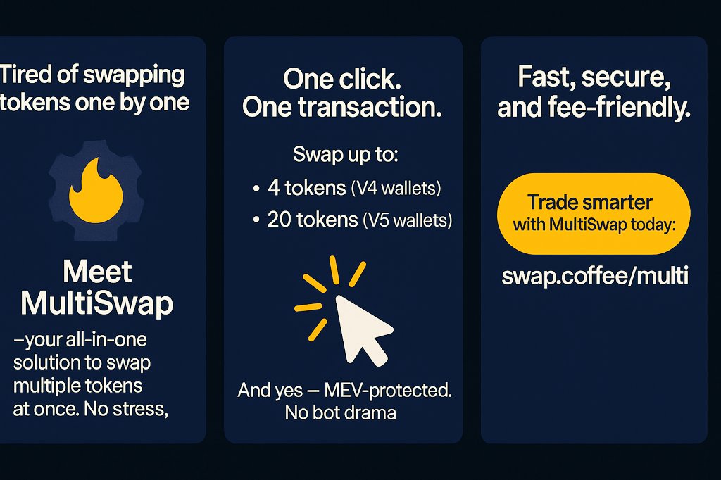 MATK!NG`$β’ π β£οΈ (@mathew_kinzy) on Twitter photo Sick of swapping tokens one by one?
Introducing MultiSwap by <a href="/swap_coffee_ton/">swap.coffee</a>, the no stress, one click way to turn multiple tokens into one. Fast. Simple. Done. Sick of swapping tokens one by one?
Introducing MultiSwap by <a href="/swap_coffee_ton/">swap.coffee</a>, the no stress, one click way to turn multiple tokens into one. Fast. Simple. Done.