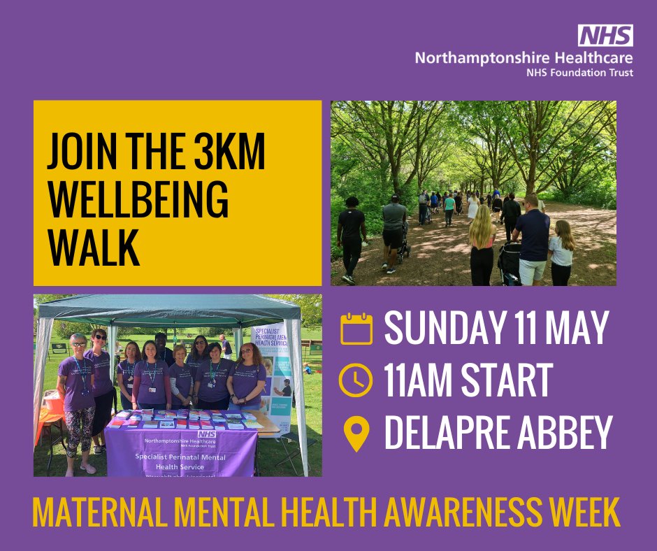 Everyone is welcome to join us at our annual Wellbeing Walk for Maternal Mental Health Awareness Week.
 
When: Sunday, 11 May 2025, 10.30 meet for 11am start
Where: Delapre Abbey, London Road, Northampton NN4 8AW
Register: bit.ly/NHFTWellbeingW…
