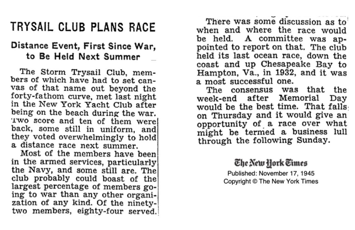 A real Throwback Thursday from the Block Island Race archives. As reported by the New York Times back in 1945, members of the Storm Trysail Club who had served in the war came together on Memorial Day weekend. 

buff.ly/X15NwY5
