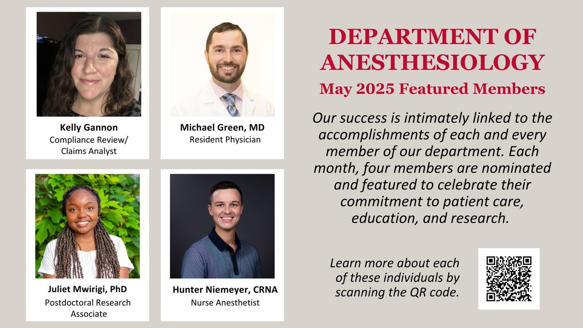 Congratulations to the #WashUanesthesiology May 2025 Featured Members:
⭐ Kelly Gannon
⭐ Michael Green, MD
⭐ Juliet Mwirigi, PhD
⭐ Hunter Niemeyer, CRNA

Learn more about these exceptional individuals on our website: anesthesiology.wustl.edu/featured-anest…