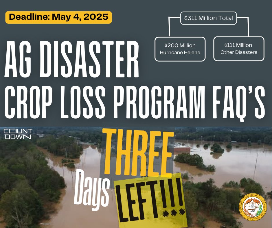 NCDA&CS (@ncagriculture) on Twitter photo Don't forget to check out our Ag Disaster Crop Loss Program FAQ's at ncagr.gov/agdisaster! Our hotline is also available Monday through Friday from 8 a.m. to 5 p.m. (1-866-645-9403), as well as our staff email agdisaster@ncagr.gov.
Three days left to apply!! #NCAgriculture Don't forget to check out our Ag Disaster Crop Loss Program FAQ's at ncagr.gov/agdisaster! Our hotline is also available Monday through Friday from 8 a.m. to 5 p.m. (1-866-645-9403), as well as our staff email agdisaster@ncagr.gov.
Three days left to apply!! #NCAgriculture
