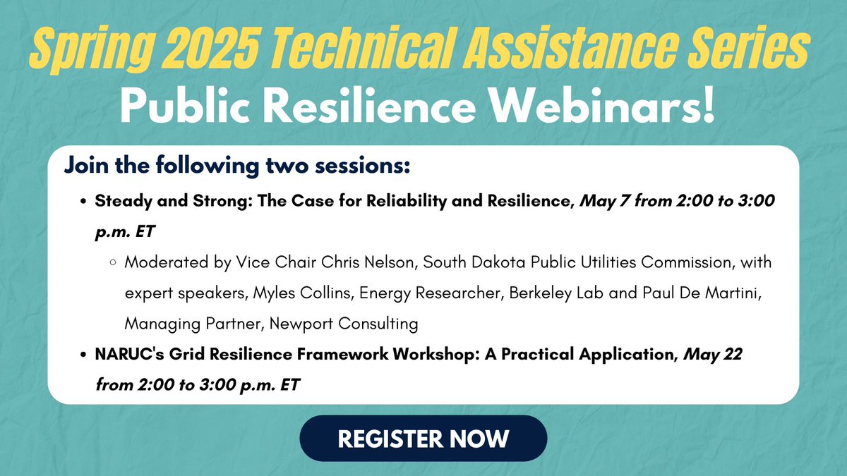 NARUC (@naruc) on Twitter photo 📣Register now for two upcoming technical assistance webinars with a focus on resilience!
💡May 7 from 2:00 to 3:00 p.m. ET: Join a discussion on the case for reliability and resilience moderated by Vice Chair Chris Nelson (<a href="/nelsonforsd/">Chris Nelson</a>) of the South Dakota Public Utilities 📣Register now for two upcoming technical assistance webinars with a focus on resilience!
💡May 7 from 2:00 to 3:00 p.m. ET: Join a discussion on the case for reliability and resilience moderated by Vice Chair Chris Nelson (<a href="/nelsonforsd/">Chris Nelson</a>) of the South Dakota Public Utilities