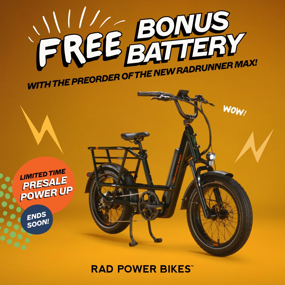 Maximize your ride with the most feature-packed RadRunner yet — and for a (very) limited time, get a free bonus battery ($499 value) with preorder!

bit.ly/4lROIMn

#ebike #cargobike #cargoebike #ebikeadventures #riderad