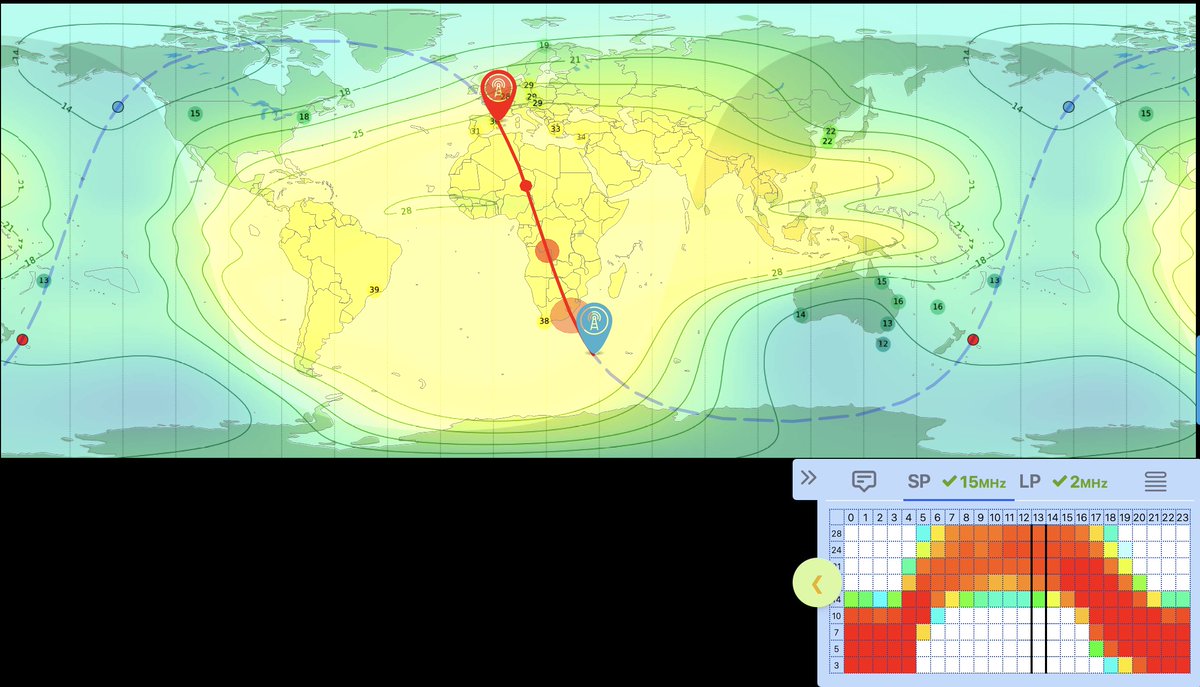 Trip across Africa:

3 bounces (~2,800 km) reflected on the ionosphere F layer (~300 km alt.) from EA3 to ZS8 Marion Is.(10,400 km).

But it's not just my signal, but that of hundreds of EU Ham’s.

That's the difficulty!
#amateurradio #dxing #dx #propagation #DXCC #ZS8W