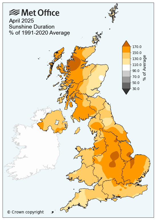 With an average of 228.9 hours of sunshine across the month, the UK has recorded its sunniest April since the series began in 1910.
