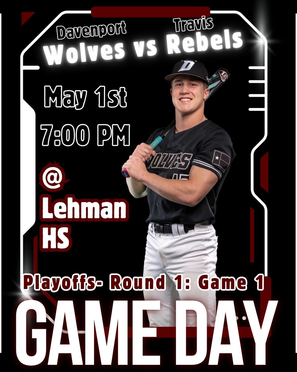 RISE AND SHINE WOLF PACK! It's GAME DAY! Wolves looking to start hot today in the Bi District Playoffs.  The Pack travels to Lehman for Game 1 in best 2 out of 3 series vs Austin Travis.  Get on the road, BE EARLY, BE LOUD! <a href="/BuildThePack/">BuildThePack</a> <a href="/DavenportWolves/">DHS Wolves Athletics</a> <a href="/BMar1842/">Brian Martinez</a> <a href="/dhs_looney/">Angela Looney</a>