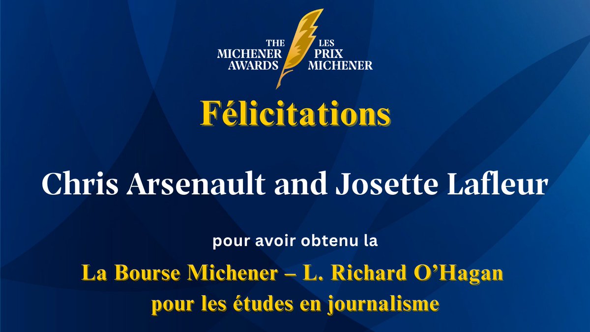 Chris Arsenault et Josette Lafleur ont reçu la Bourse Michener – L. Richard O’Hagan 2025 pour leur projet How They Did It (Comment fait-on?), une série de balados et vidéos qui feront la lumière sur le journalisme d’enquête au Canada. 
🔗prixmichener.ca/media-release/…
