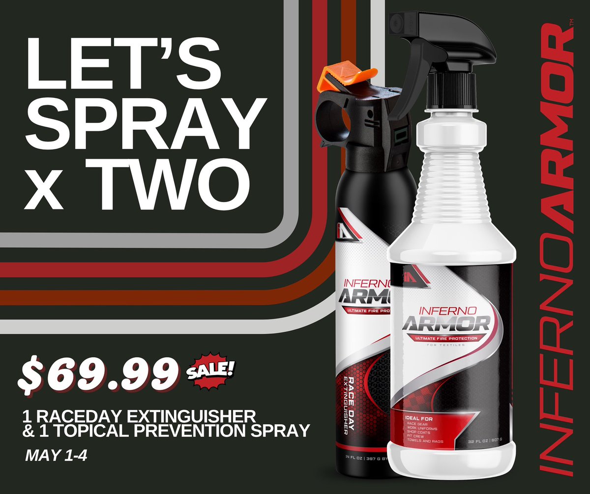 Double up on Fire Safety &amp; Prevention with Inferno Armor™ 

Add one of each to cart &amp; SAVE! 
▪️Topical Prevention Spray 
▪️Race Day Extinguisher

No code necessary. Limited time only. 
While supplies last. May 1st - 4th. 

#InfernoArmor #UltimateFireProtection #FireExtinguishers