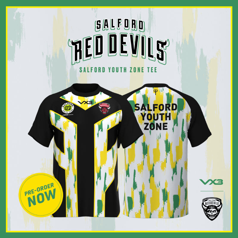 SalfordDevils's tweet photo. We are thrilled to reveal our specially-designed warm-up tee, in collaboration with @Salford_YZ and @VX3apparel! 💚 

SYZ launched a competition for young people to create the design - and a winner has now been chosen.

It's available for pre-order now! 👇