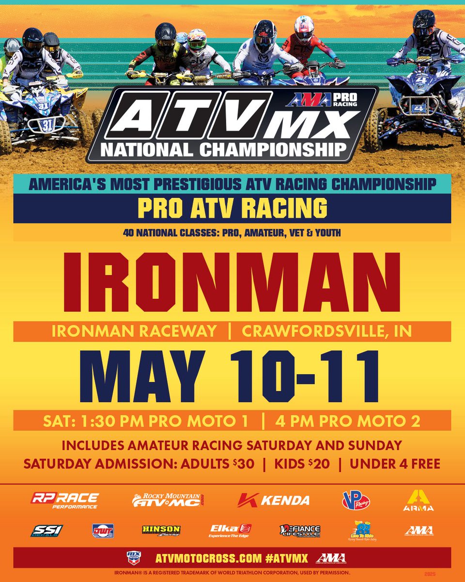 Up Next‼️ Save the date May 10-11 for round 5 of 2025 ATV Motocross Championship season at <a href="/IronmanRaceway/">Ironman Raceway</a> 

Visit the website for more event info ℹ️ #ATVMX #ATVMotocross