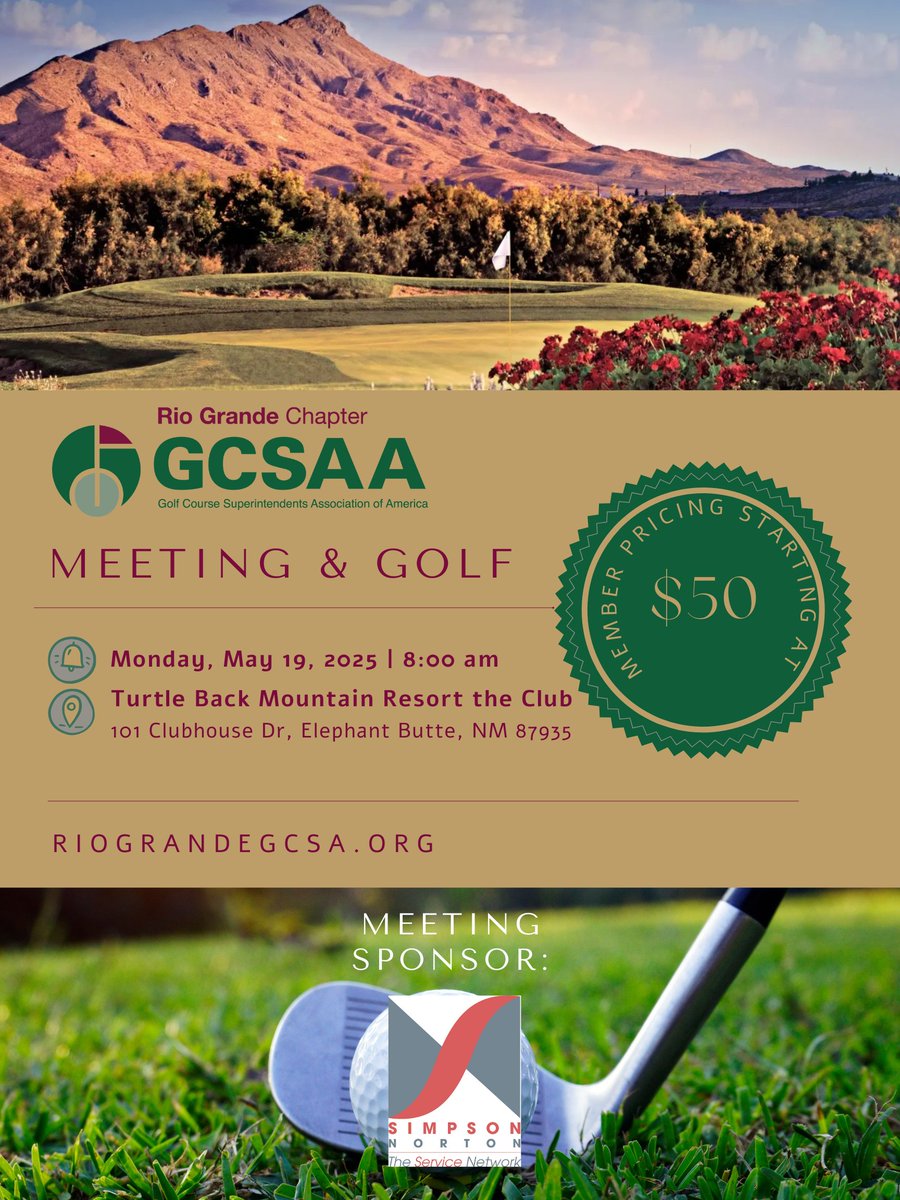 📣 LAST CHANCE to Pre-register now for our May 19 meeting at Turtleback Mtn!
Toro’s Bill Stevens shares insights on irrigation innovation 💧
✅ GCSAA points
✅ Lunch + optional golf ⛳
🔗 riograndegcsa.org/event-6026463
#GolfCourseManagement