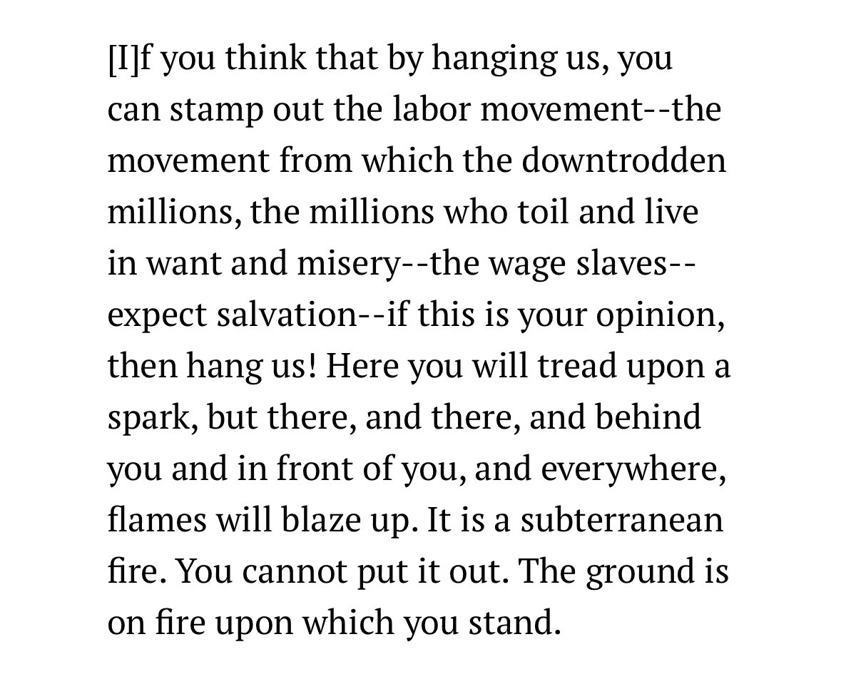 Statement to the court by August Spies before being hanged on November 11, 1887, for his participation in the Haymarket affair on May 4, 1886: