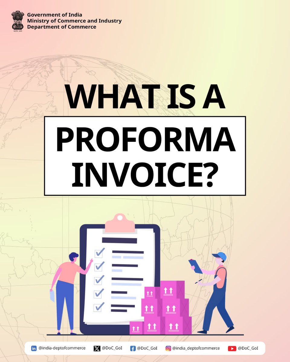 DoC_GoI's tweet photo. Before the deal is sealed, a Proforma Invoice leads the way.
It’s the buyer-seller handshake on paper outlining product details, prices, and payment terms, even before the goods are shipped. 
Swipe to learn more.

#DoC_GoI #ProformaInvoice #ExportBasics https://t.co/XH1jZn5VuO