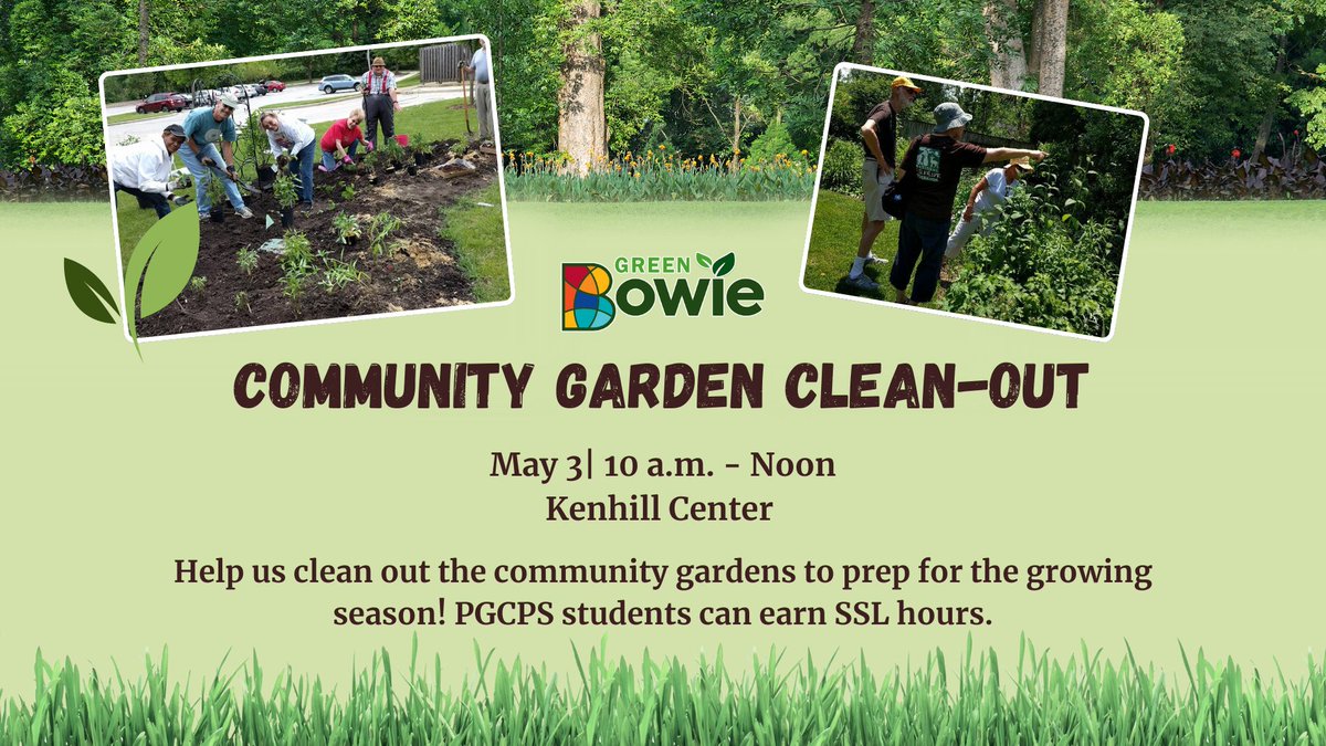 Help clean out the garden beds at the Kenhill Center on May 3 from 10 a.m. to noon. Volunteers are encouraged to bring garden tools. Gloves will be available if needed. To register, email lwoolums@cityofbowie.org by May 2.