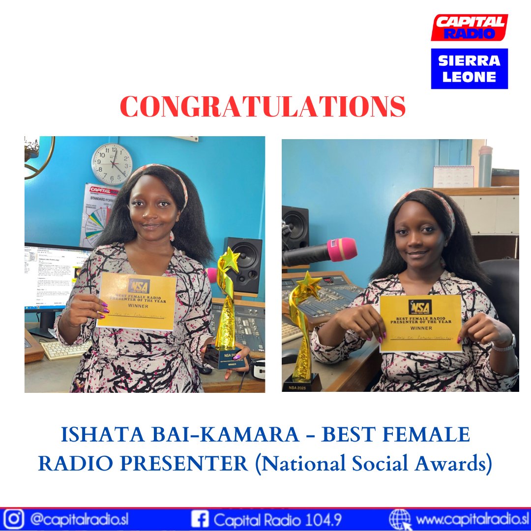 CapitalRadioSL's tweet photo. Capital Radio’s Ishata Bai Kamara has won Best Female Radio Presenter at the 2nd National Social Awards. 
Kamara,  is the Station Coordinator at Capital Radio and hosts the station’s premier Midday Show. https://t.co/oM1ZYuPG1C